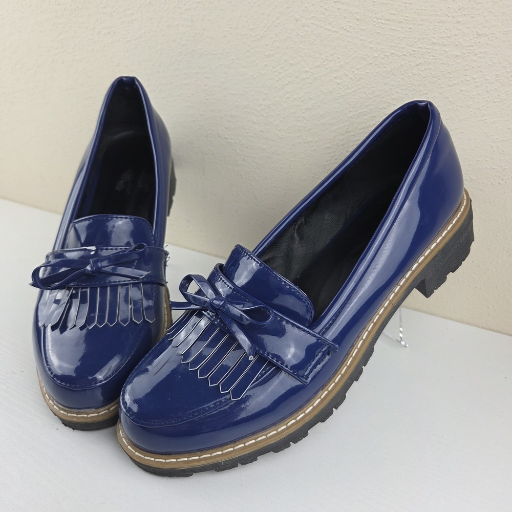 Women's College Style Fringe Bow Patent Faux Leather Round Toe Heel Shoes Size 9